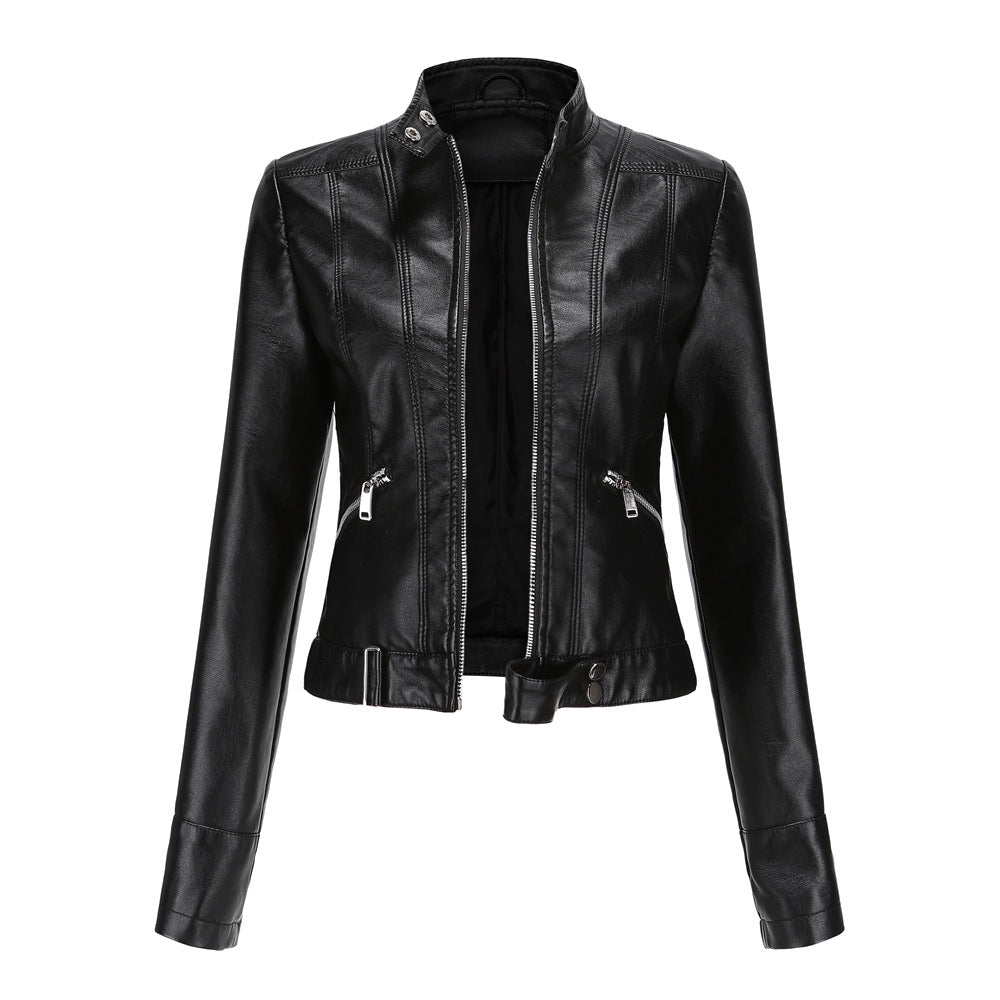Damen PU Lederjacke mit Reißverschluss, hohem Kragen und Gürtel