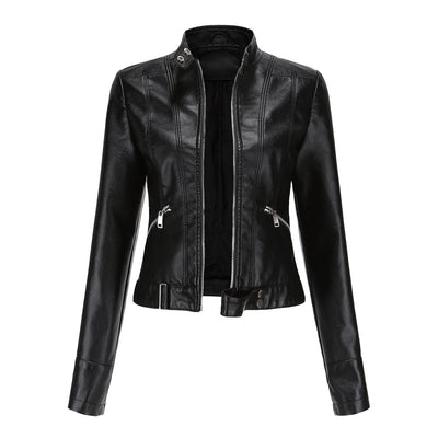 Damen PU Lederjacke mit Reißverschluss, hohem Kragen und Gürtel