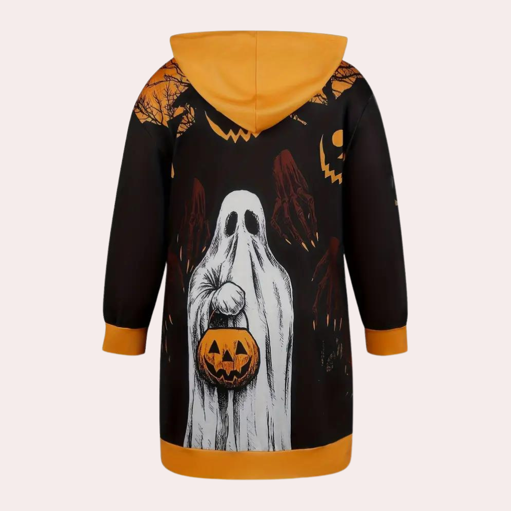 Halloween-Kleid mit Kapuze, das mit einem Geister- und Kürbismotiv bedruckt ist