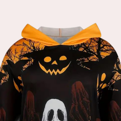 Halloween-Kleid mit Kapuze, das mit einem Geister- und Kürbismotiv bedruckt ist