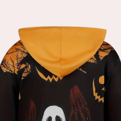 Halloween-Kleid mit Kapuze, das mit einem Geister- und Kürbismotiv bedruckt ist