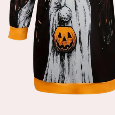Halloween-Kleid mit Kapuze, das mit einem Geister- und Kürbismotiv bedruckt ist