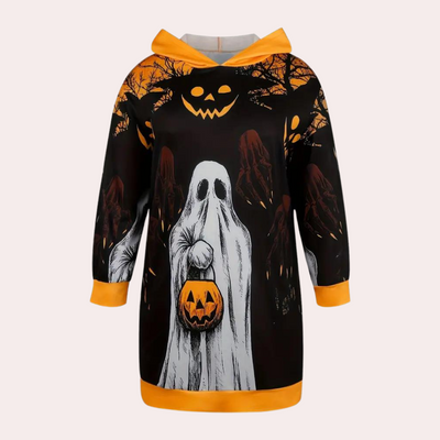 Halloween-Kleid mit Kapuze, das mit einem Geister- und Kürbismotiv bedruckt ist