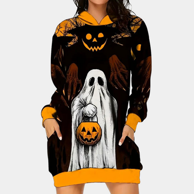 Halloween-Kleid mit Kapuze, das mit einem Geister- und Kürbismotiv bedruckt ist