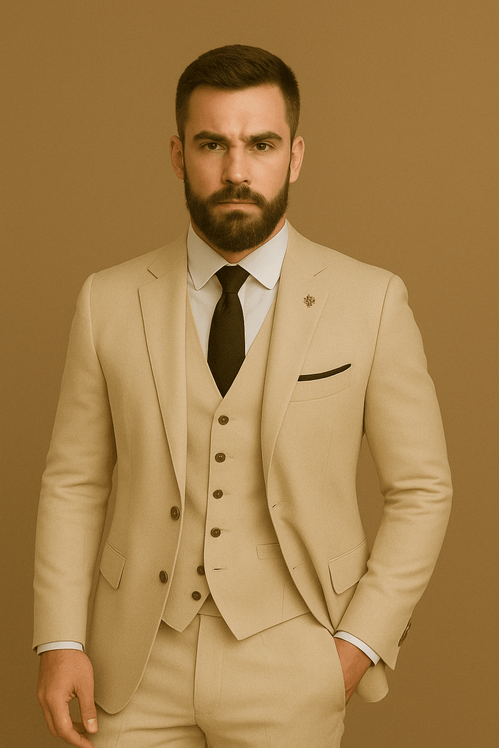 Beigefarbener dreiteiliger Herrenanzug im klassischen Stil aus Polyester - für Hochzeit und Business