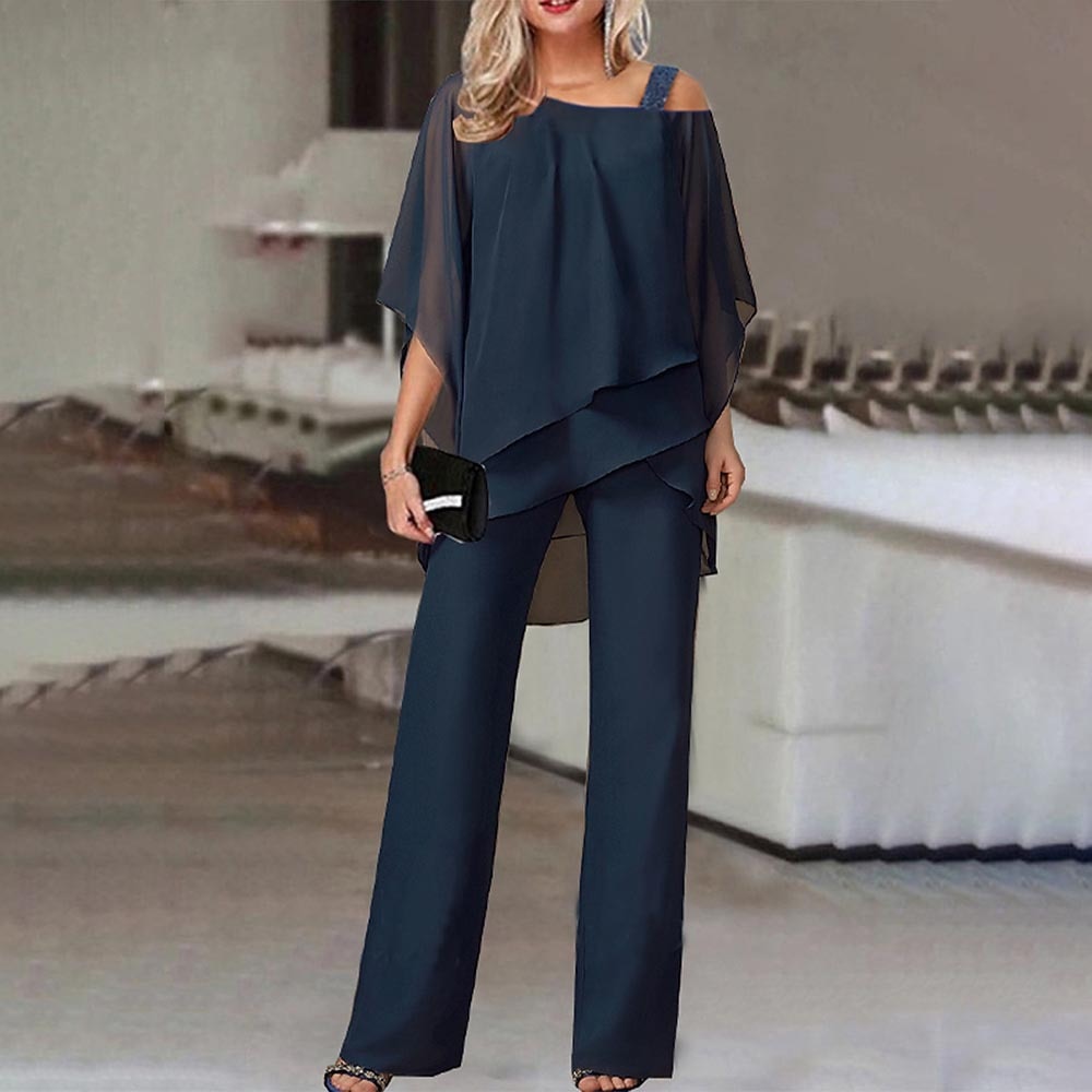 2-teiliges Set für Frauen, kalte Schulter, flüssiges Polyester