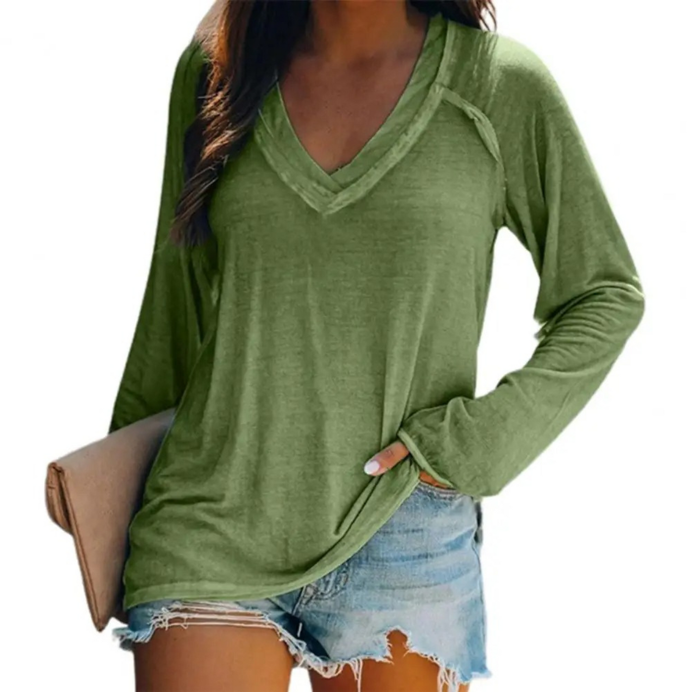 Eleanor - Elegantes weißes V-Ausschnitt-Shirt mit langen Ärmeln und Windjacke für Frauen
