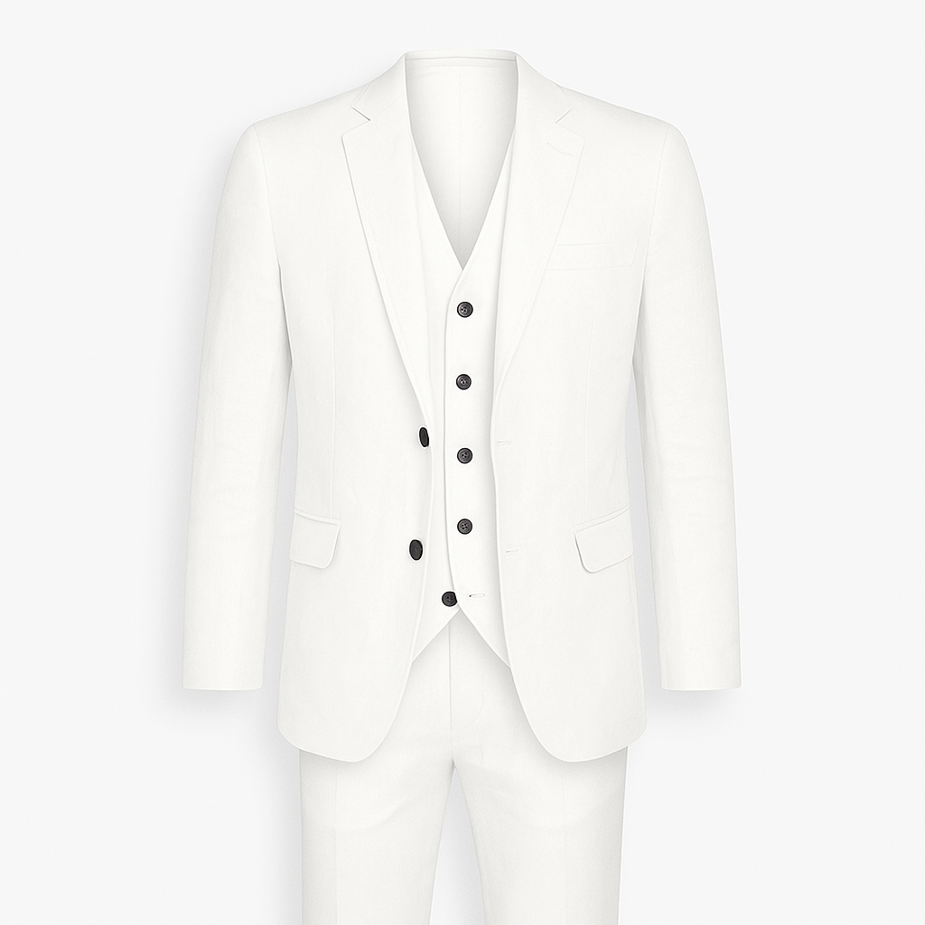 Herrkostym i naturstruktur: kavaj, väst och byxor