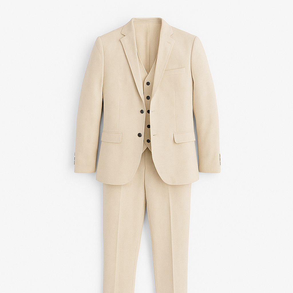 Herrkostym i naturstruktur: kavaj, väst och byxor