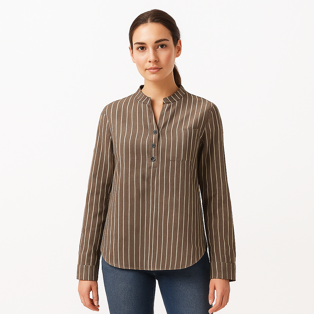 Woman's Strip Long Sleeve V-neck Shirt