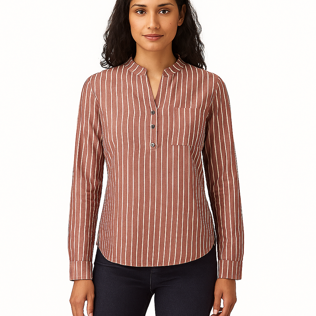 Woman's Strip Long Sleeve V-neck Shirt