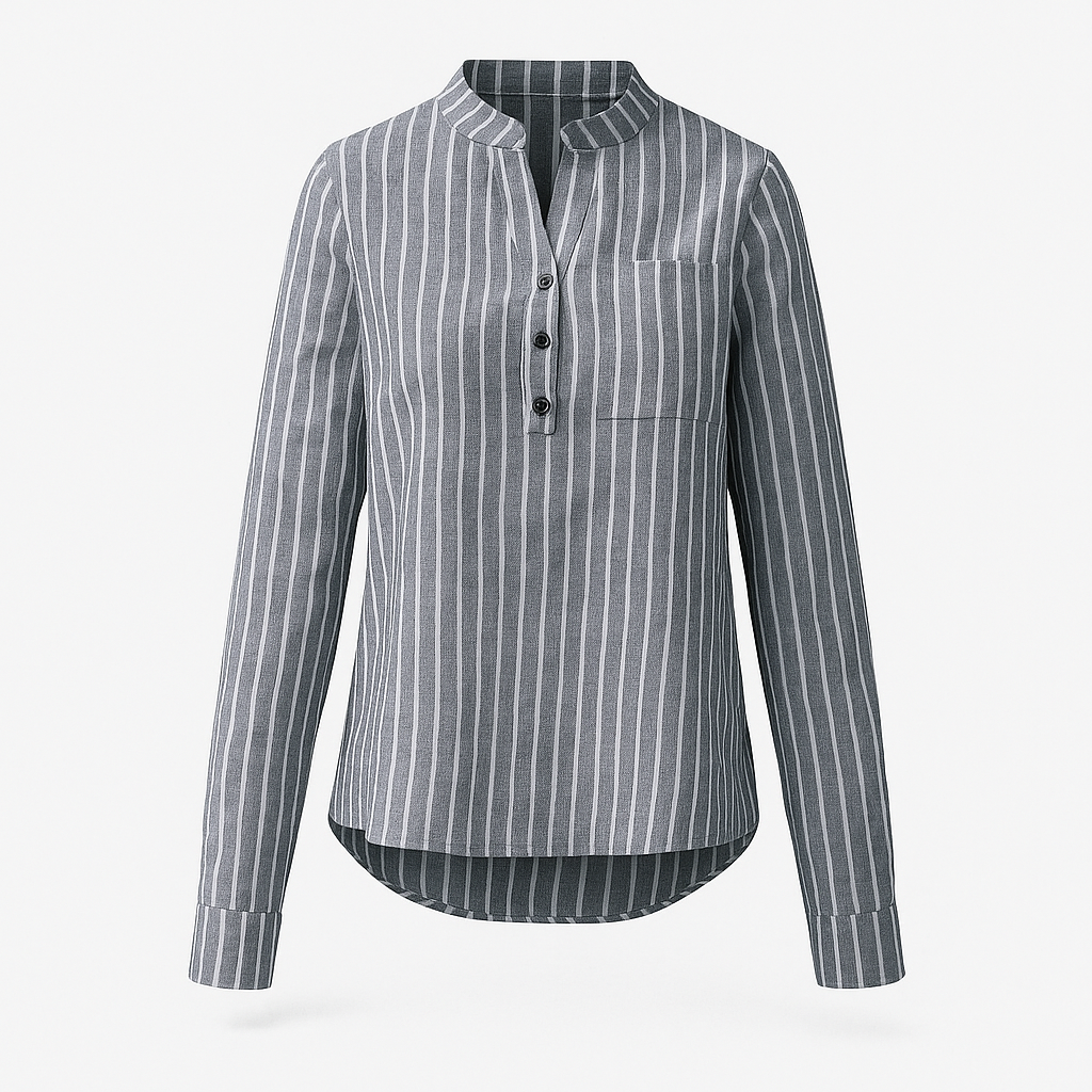 Gray Woman's Strip Long Sleeve V-neck Shirt