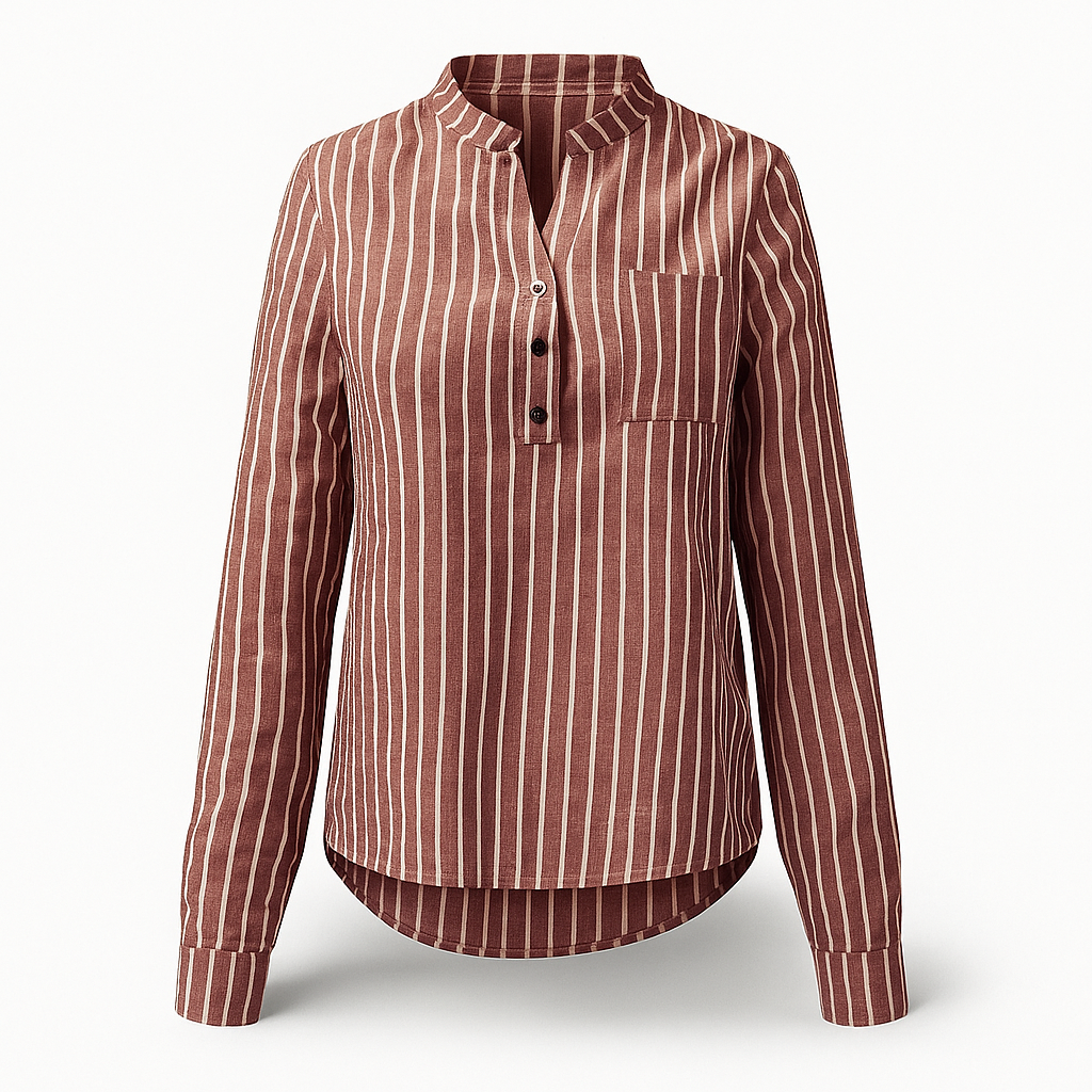 Red Woman's Strip Long Sleeve V-neck Shirt