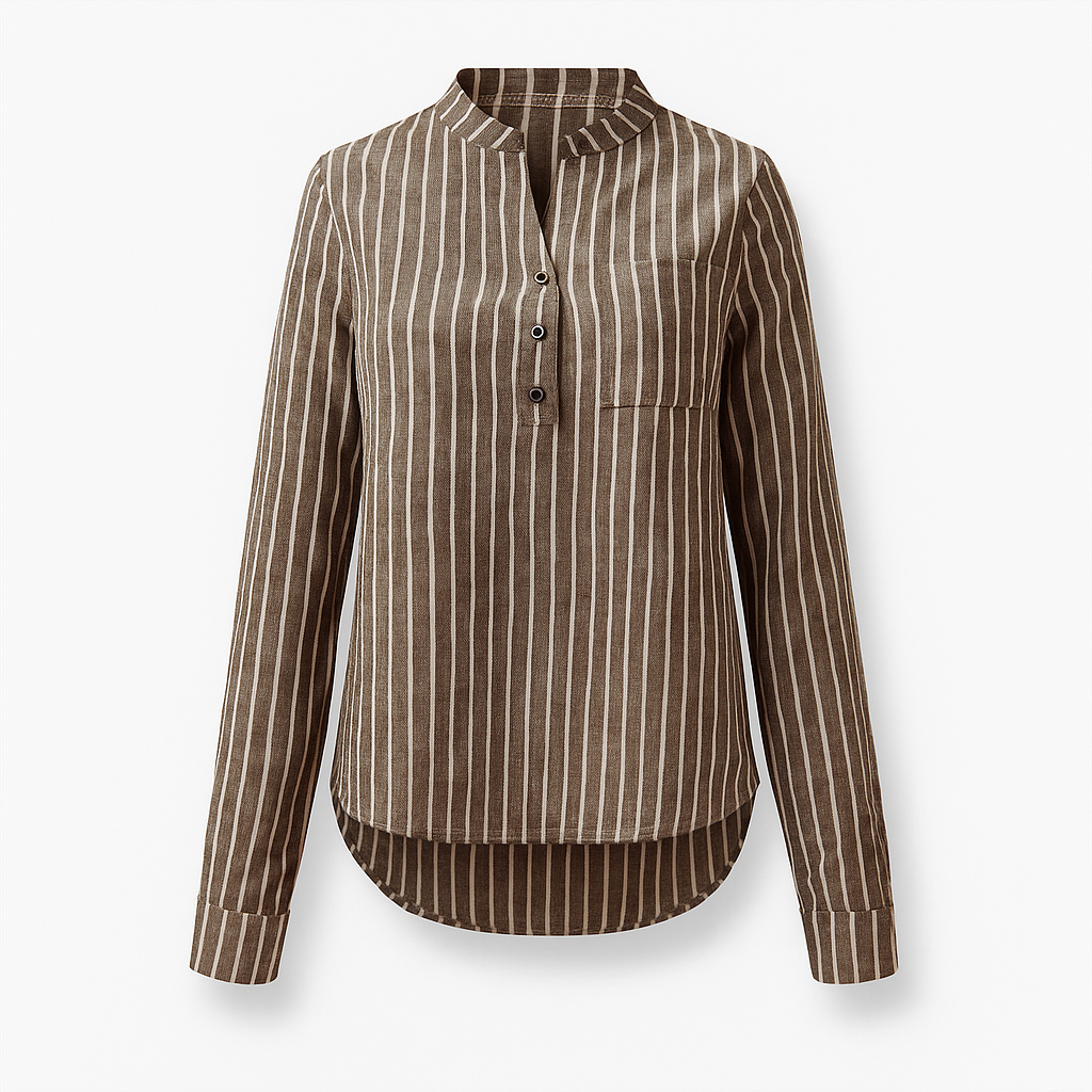 Brown Woman's Strip Long Sleeve V-neck Shirt