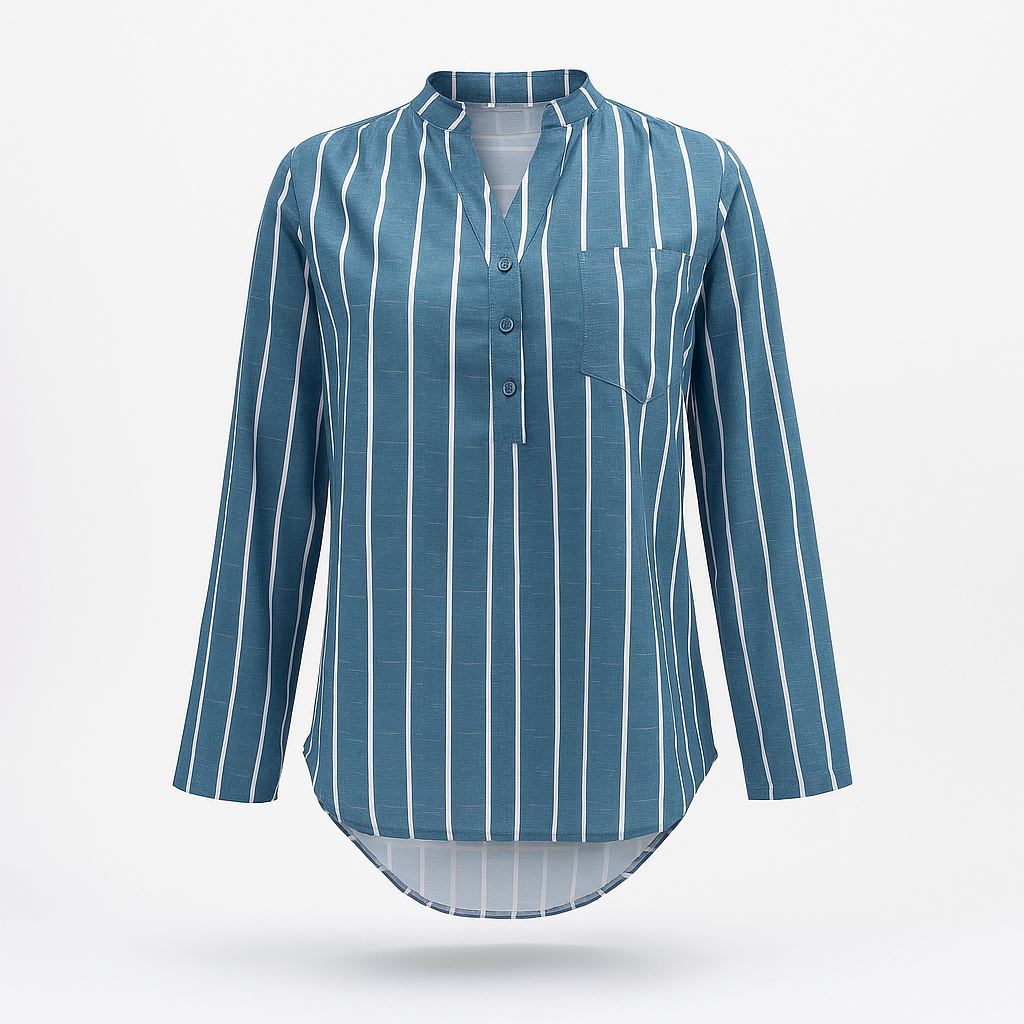 Blue Woman's Strip Long Sleeve V-neck Shirt