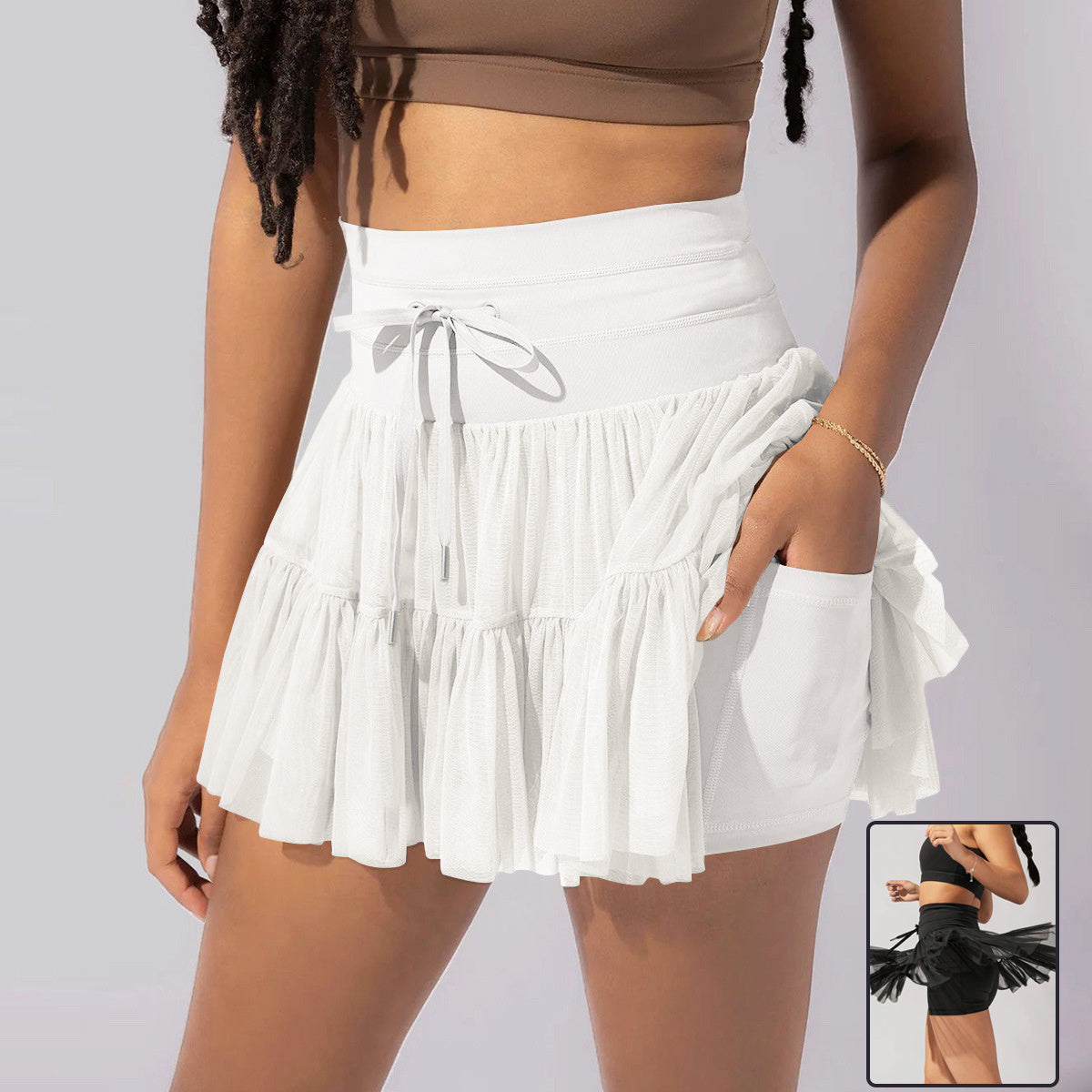 Damen-Minirock mit hoher Taille, Bundfalten und integrierten Shorts