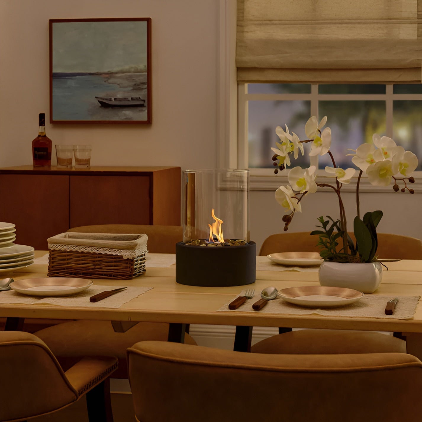 Lujolux | Stilvoller Tischkamin mit schwarzem Metallsockel