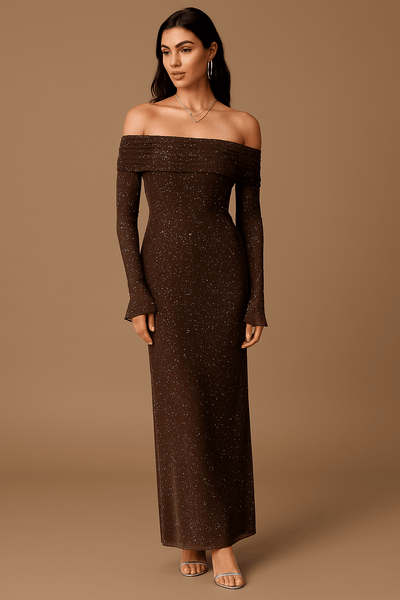 Langes Kleid für Frauen mit freien Schultern, Pailletten, Rüschenärmeln