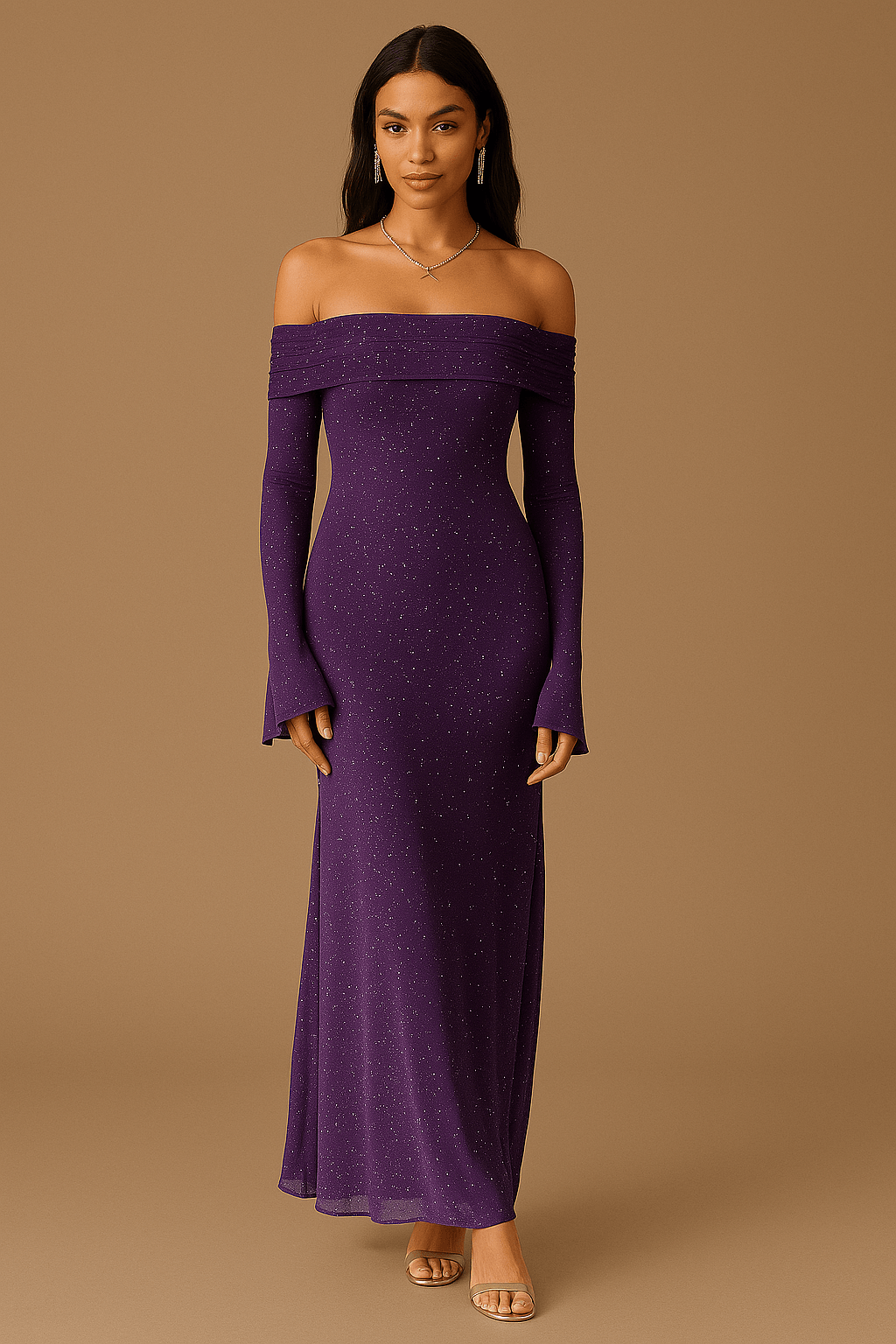 Langes Kleid für Frauen mit freien Schultern, Pailletten, Rüschenärmeln