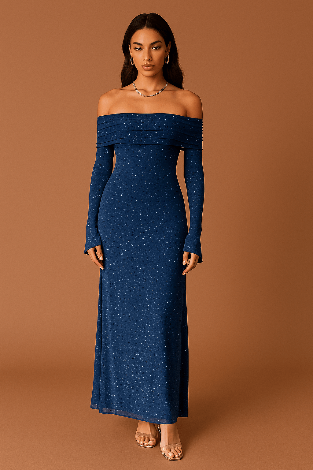 Langes Kleid für Frauen mit freien Schultern, Pailletten, Rüschenärmeln