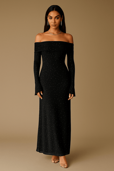 Langes Kleid für Frauen mit freien Schultern, Pailletten, Rüschenärmeln