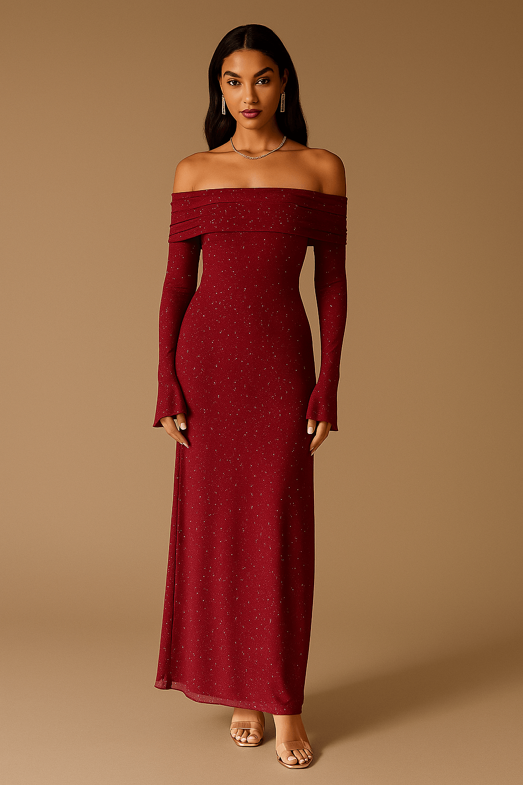 Langes Kleid für Frauen mit freien Schultern, Pailletten, Rüschenärmeln