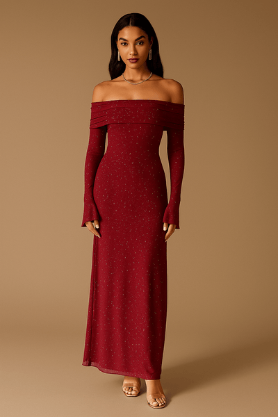 Langes Kleid für Frauen mit freien Schultern, Pailletten, Rüschenärmeln