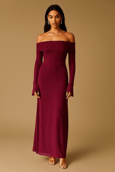 Langes Kleid für Frauen mit freien Schultern, Pailletten, Rüschenärmeln