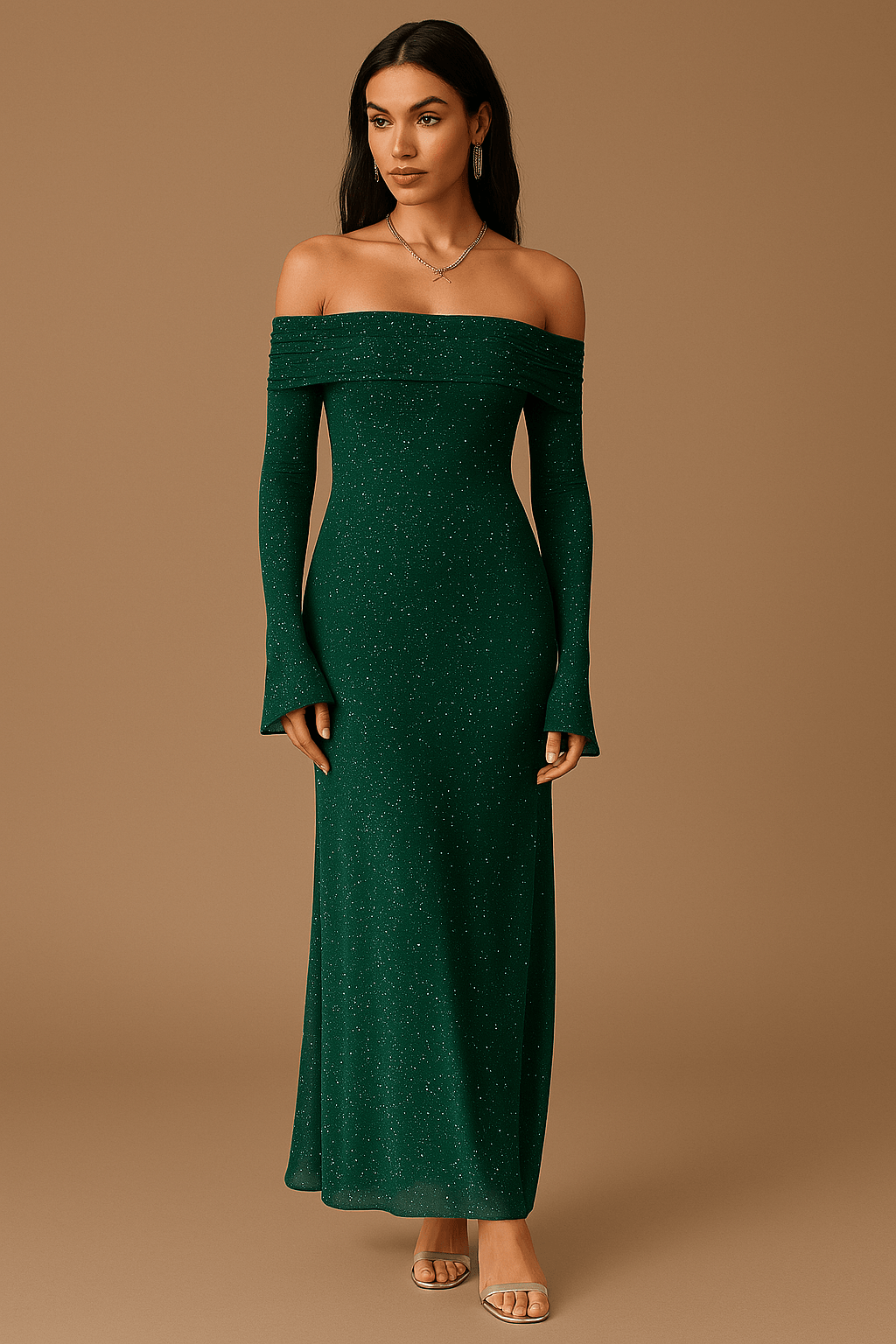 Langes Kleid für Frauen mit freien Schultern, Pailletten, Rüschenärmeln