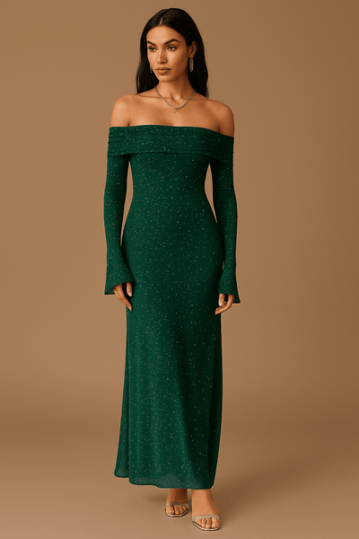 Langes Kleid für Frauen mit freien Schultern, Pailletten, Rüschenärmeln