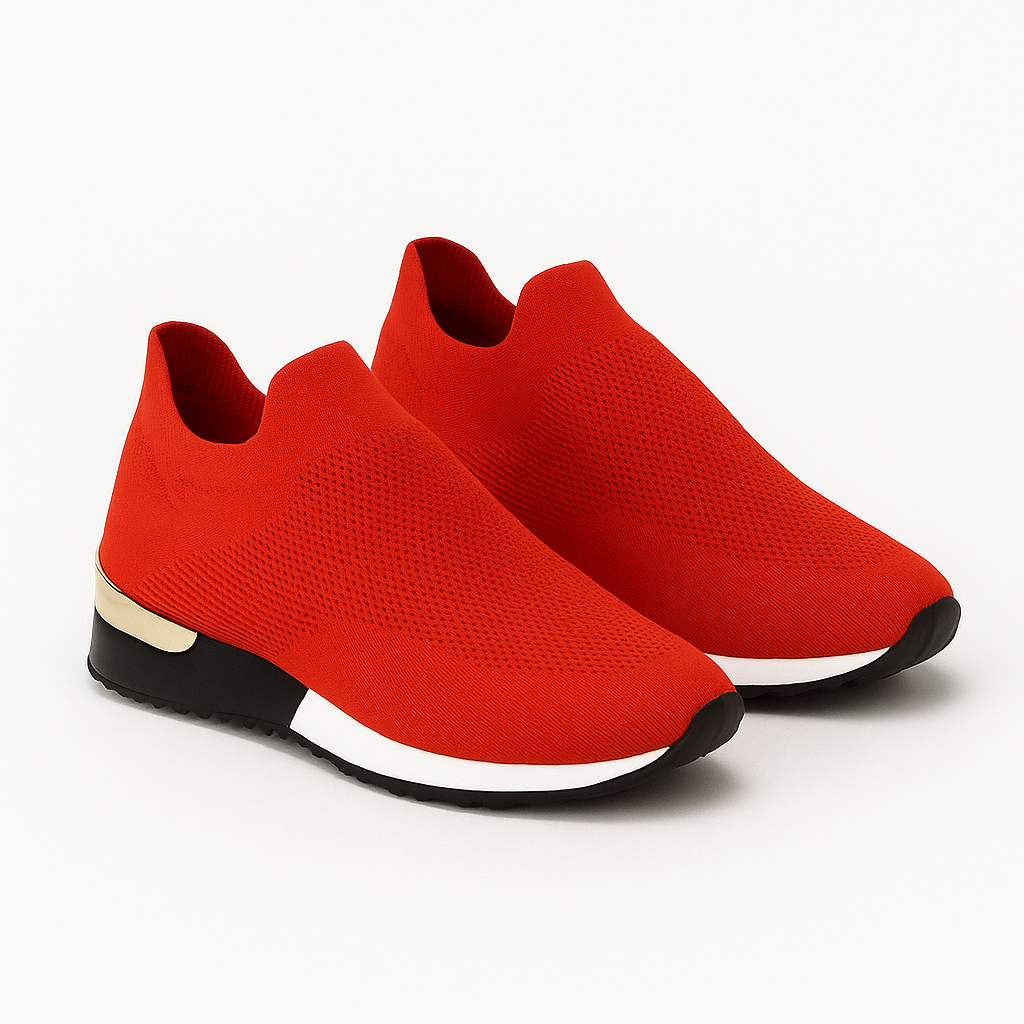 Red color block knit slip-on sneakers for women