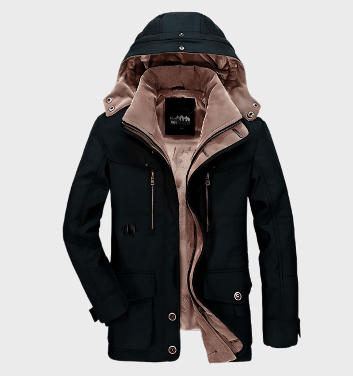 Dicke Winterjacke für Herren mit Kapuze und tiefen Taschen