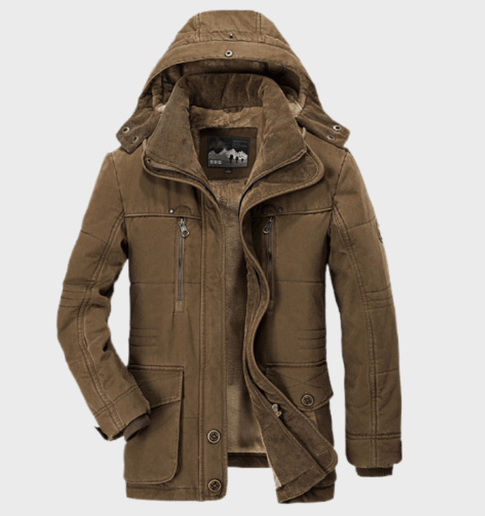 Dicke Winterjacke für Herren mit Kapuze und tiefen Taschen