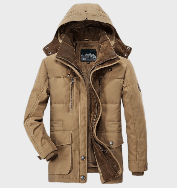 Dicke Winterjacke für Herren mit Kapuze und tiefen Taschen