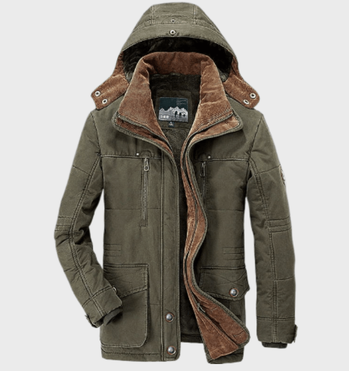 Dicke Winterjacke für Herren mit Kapuze und tiefen Taschen