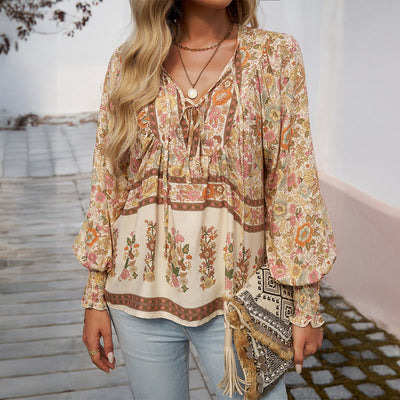 Boho Bluse Damen langarm Bindekragen luftiger Sommerstoff
