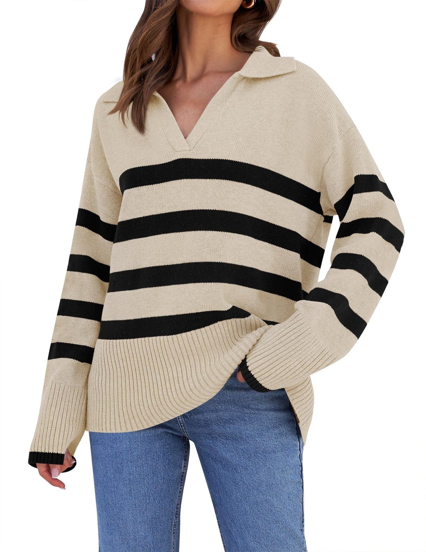 Gestreifter Strickpullover mit Kragen für Damen | Perfekt für alle Jahreszeiten