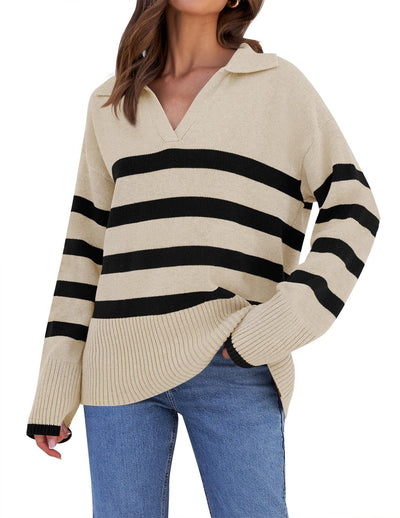 Gestreifter Strickpullover mit Kragen für Damen | Perfekt für alle Jahreszeiten