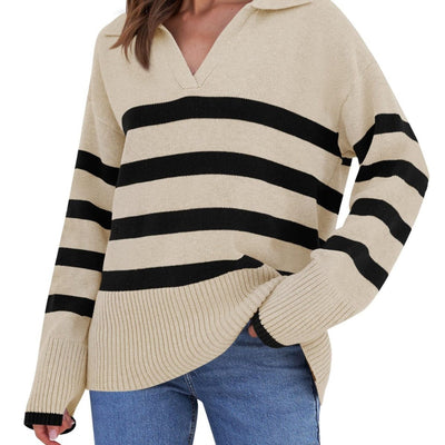 Gestreifter Strickpullover mit Kragen für Damen | Perfekt für alle Jahreszeiten