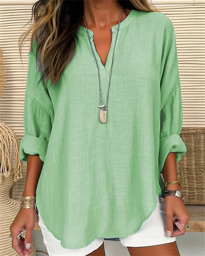 Bluse Damen Stehkragen natürliche Texturmischung locker Freizeitstil