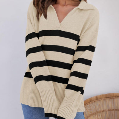 Gestreifter Strickpullover mit Kragen für Damen | Perfekt für alle Jahreszeiten