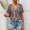 Bluse Damen Boho Relax Fit Fledermausärmel V-Ausschnitt atmungsaktiv