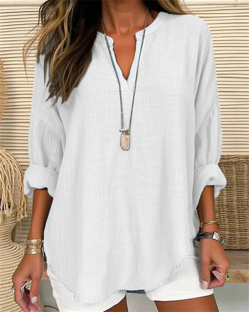 Bluse Damen Stehkragen natürliche Texturmischung locker Freizeitstil