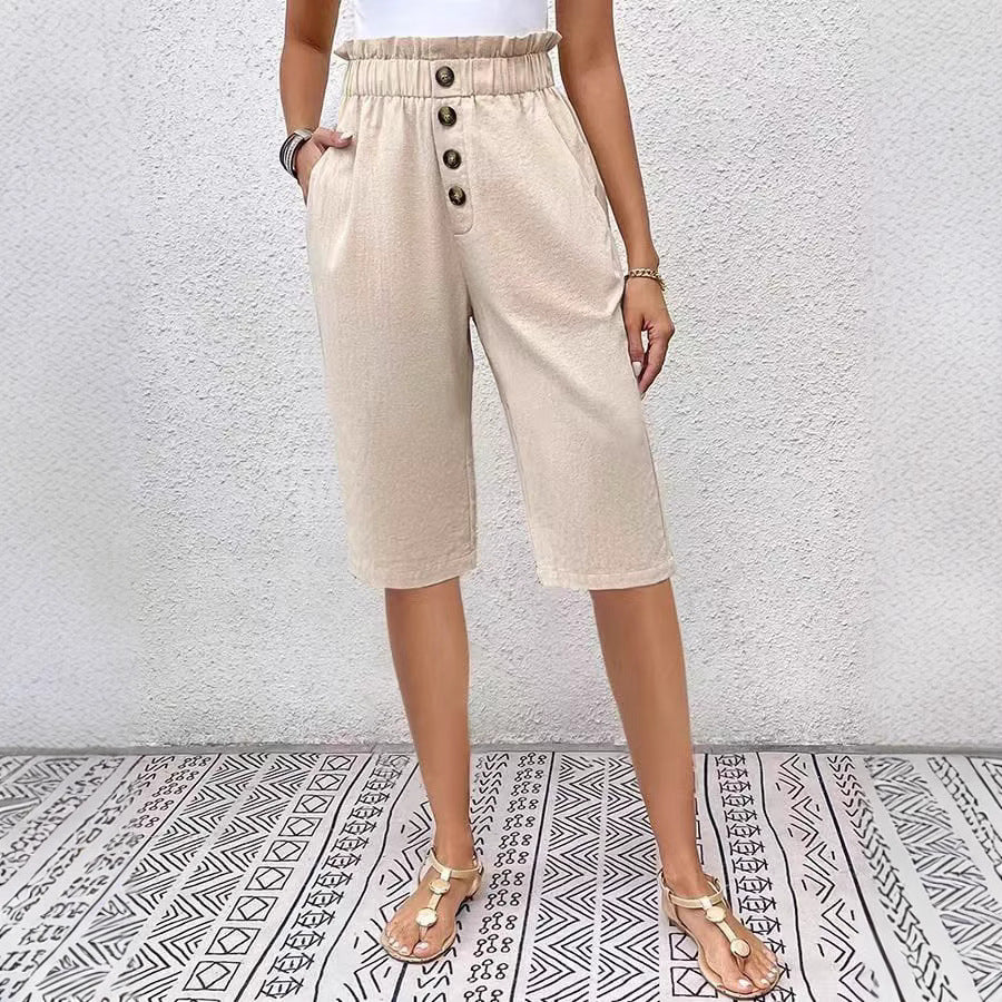 Damen Bermuda Shorts - Relaxed Fit - Elastische Taille - Knopfleiste - Leichtes Material