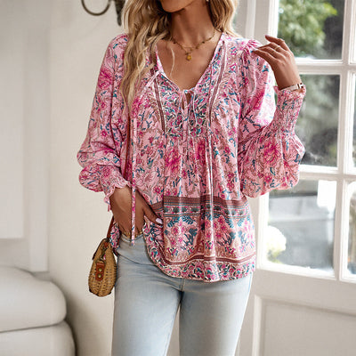 Boho Bluse Damen langarm Bindekragen luftiger Sommerstoff