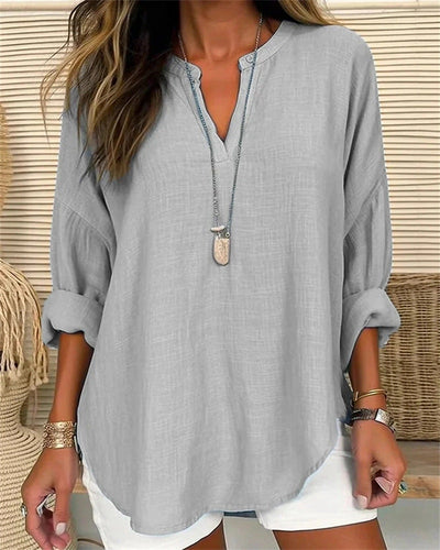 Bluse Damen Stehkragen natürliche Texturmischung locker Freizeitstil