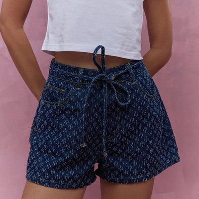 Denim Shorts für Frauen - Hohe Taille - Entspannte Passform - Verstellbarer Kordelzug - Fünf-Taschen-Design