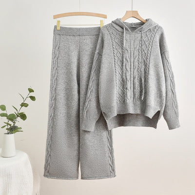 Isabelle-mode | Ensemble pull à capuche en tricot côtelé et pantalon large