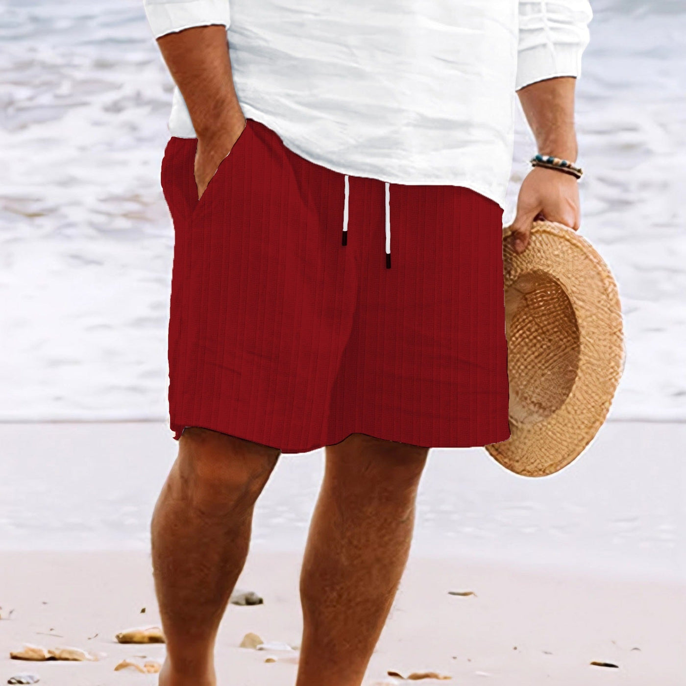 Shorts Herren natürliche Textur Baumwollmix mit Taschen Kordelzug