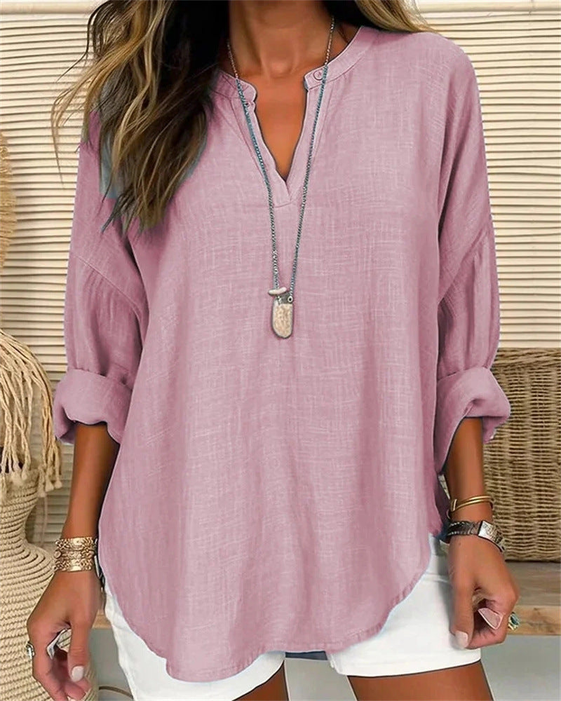 Bluse Damen Stehkragen natürliche Texturmischung locker Freizeitstil